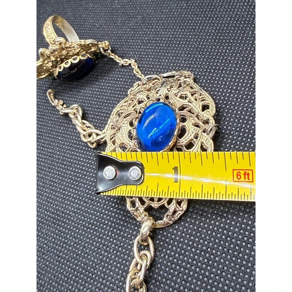 Vintage Blue Cabochon Gold Tone Filigree Slave Bracelet Ring Hand Chain Set